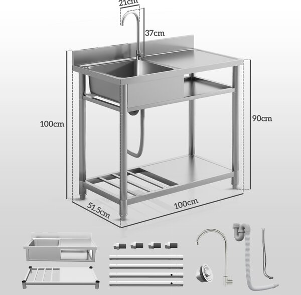 HOMCOM Outdoor Stainless Steel Kitchen Sink, Freestanding Sink Single Bowl with Cold and Hot Water Pipe and Storage Shelves