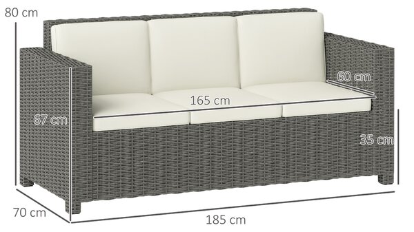 Outsunny 3 Seater Rattan Sofa All-Weather Wicker Weave Metal Frame Chair with Fire Resistant Cushio-Cream
