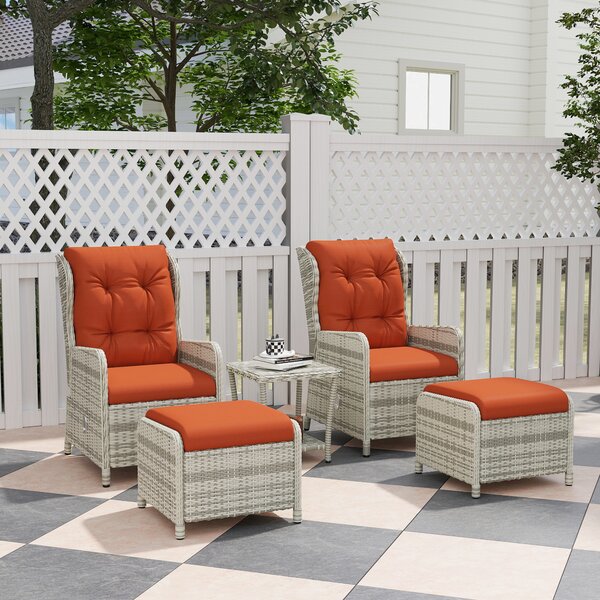 Outsunny 5 Pieces Rattan Bistro Set with Adjustable Back, Reclining Wicker Balcony Furniture with Cushions, Glass Top, Footstools, Orange