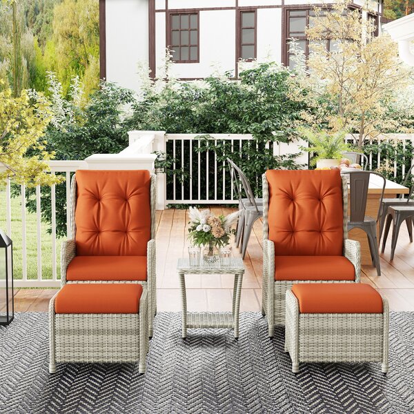 Outsunny 5 Pieces Rattan Bistro Set with Adjustable Back, Reclining Wicker Balcony Furniture with Cushions, Glass Top, Footstools, Orange