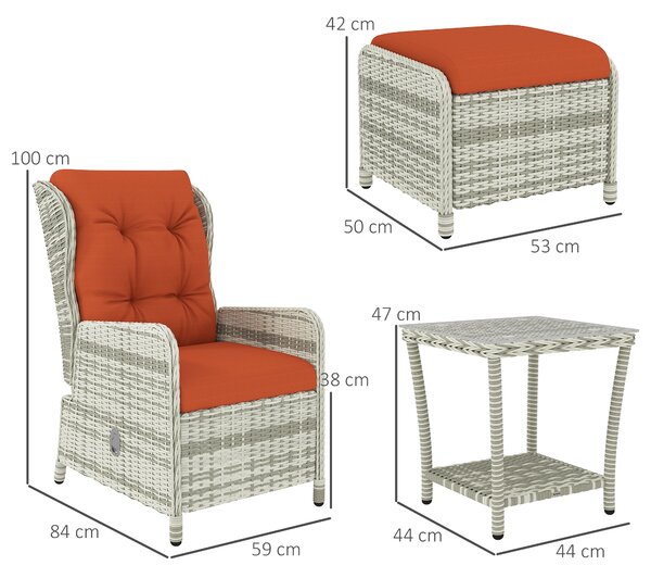 Outsunny 5 Pieces Rattan Bistro Set with Adjustable Back, Reclining Wicker Balcony Furniture with Cushions, Glass Top, Footstools, Orange
