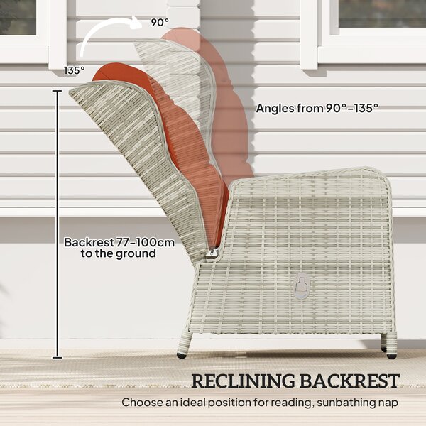 Outsunny 5 Pieces Rattan Bistro Set with Adjustable Back, Reclining Wicker Balcony Furniture with Cushions, Glass Top, Footstools, Orange