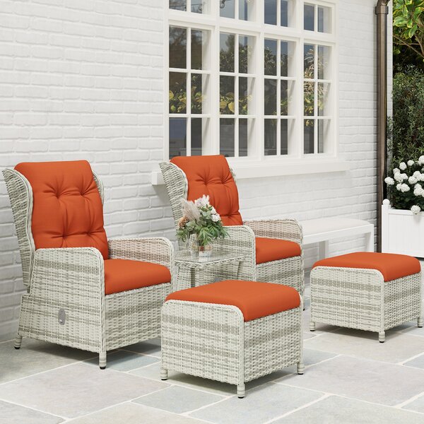 Outsunny 5 Pieces Rattan Bistro Set with Adjustable Back, Reclining Wicker Balcony Furniture with Cushions, Glass Top, Footstools, Orange