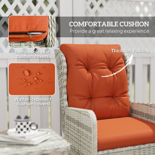 Outsunny 5 Pieces Rattan Bistro Set with Adjustable Back, Reclining Wicker Balcony Furniture with Cushions, Glass Top, Footstools, Orange