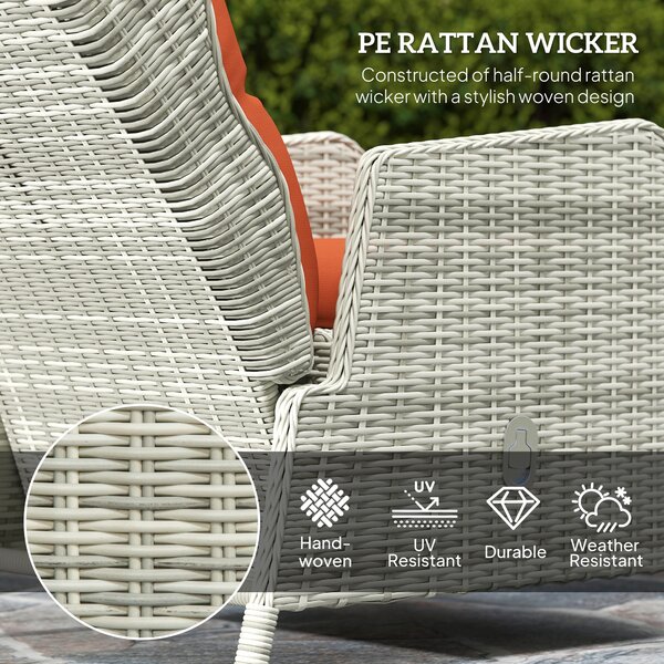 Outsunny 5 Pieces Rattan Bistro Set with Adjustable Back, Reclining Wicker Balcony Furniture with Cushions, Glass Top, Footstools, Orange