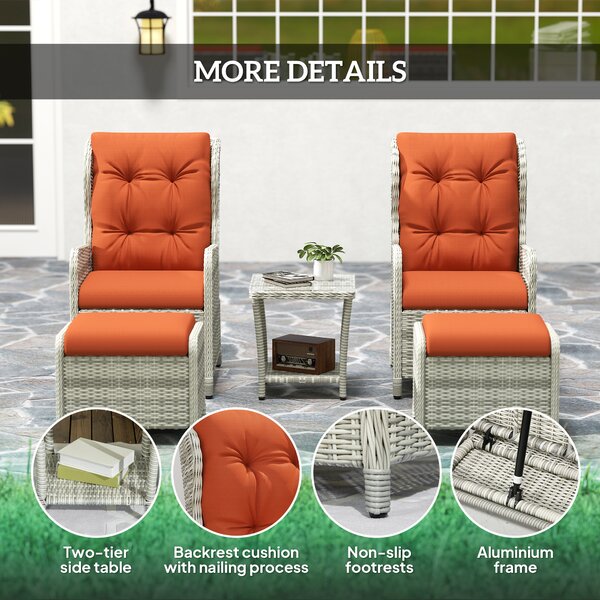 Outsunny 5 Pieces Rattan Bistro Set with Adjustable Back, Reclining Wicker Balcony Furniture with Cushions, Glass Top, Footstools, Orange