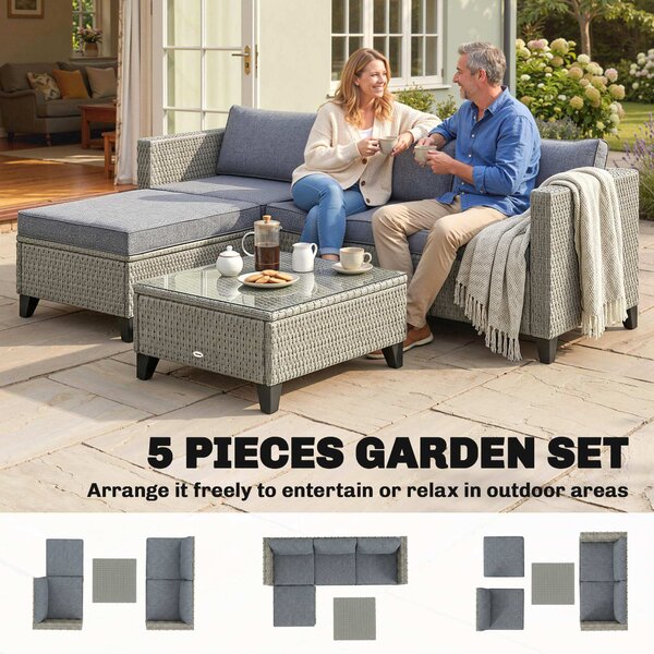 Outsunny 5-Piece Rattan Patio Furniture Set with Corner Sofa, Footstools, Coffee Table, for Poolside, Dark Grey