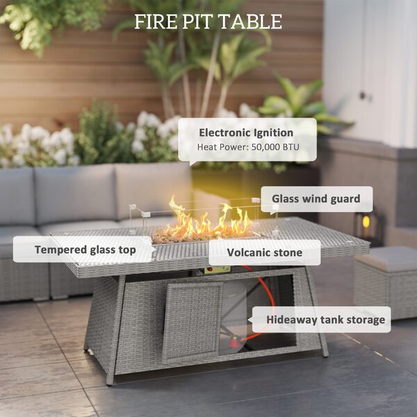 Outsunny 7 Pieces PE Rattan Garden Furniture Set, 50,000 BTU Gas Fire Pit Table, Double Corner Sofa and 3 Footstools for Conservatory, Grey