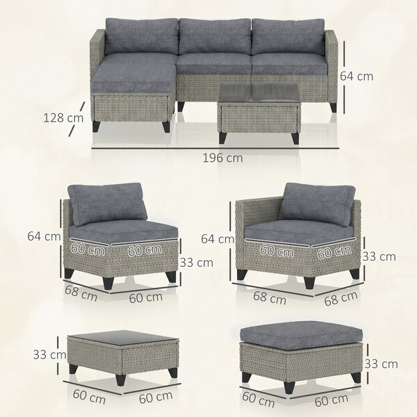 Outsunny 5-Piece Rattan Patio Furniture Set with Corner Sofa, Footstools, Coffee Table, for Poolside, Dark Grey