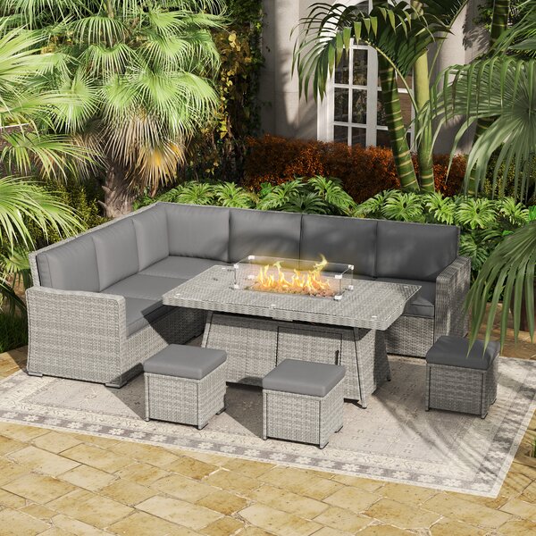 Outsunny 7 Pieces PE Rattan Garden Furniture Set, 50,000 BTU Gas Fire Pit Table, Double Corner Sofa and 3 Footstools for Conservatory, Grey