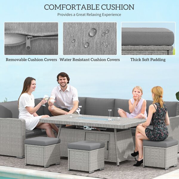 Outsunny 7 Pieces PE Rattan Garden Furniture Set, 50,000 BTU Gas Fire Pit Table, Double Corner Sofa and 3 Footstools for Conservatory, Grey