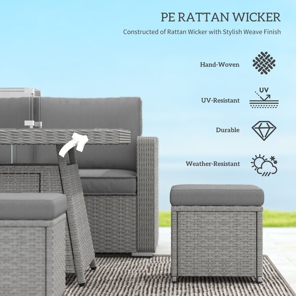 Outsunny 7 Pieces PE Rattan Garden Furniture Set, 50,000 BTU Gas Fire Pit Table, Double Corner Sofa and 3 Footstools for Conservatory, Grey
