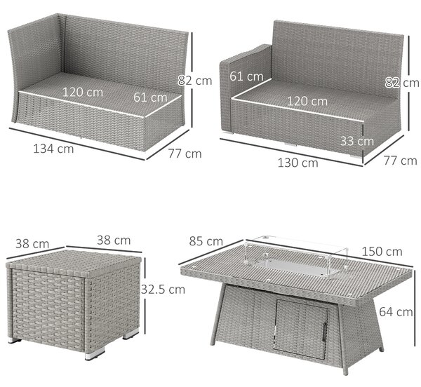 Outsunny 7 Pieces PE Rattan Garden Furniture Set, 50,000 BTU Gas Fire Pit Table, Double Corner Sofa and 3 Footstools for Conservatory, Grey