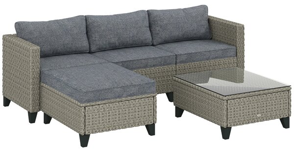 Outsunny 5-Piece Rattan Patio Furniture Set with Corner Sofa, Footstools, Coffee Table, for Poolside, Dark Grey
