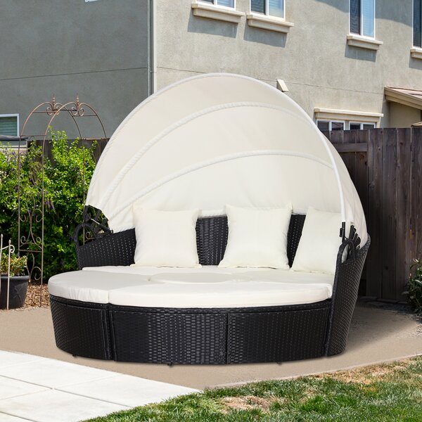 Outsunny 6-Seater Rattan Garden Furniture Cushioned Wicker Round Sofa Bed with Coffee Table Patio Conversation Furniture Set - Black