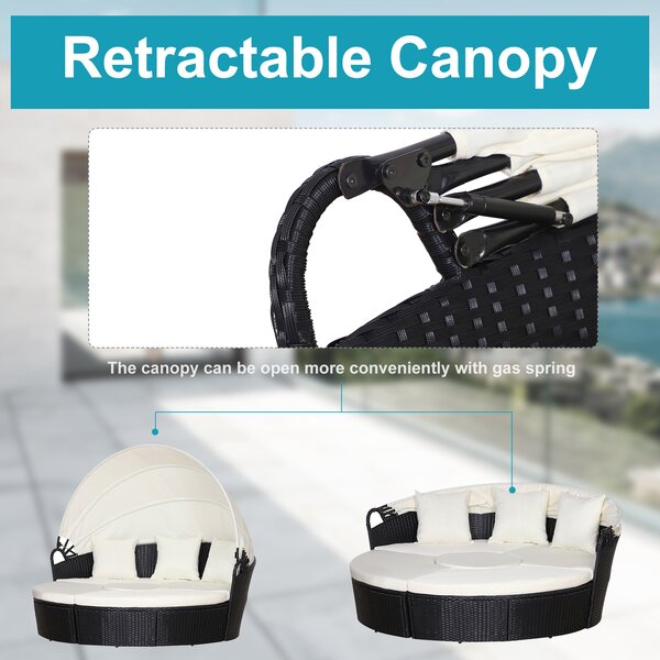 Outsunny 6-Seater Rattan Garden Furniture Cushioned Wicker Round Sofa Bed with Coffee Table Patio Conversation Furniture Set - Black