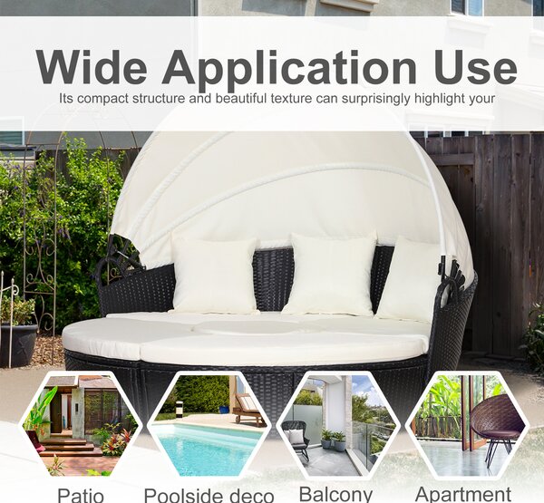 Outsunny 6-Seater Rattan Garden Furniture Cushioned Wicker Round Sofa Bed with Coffee Table Patio Conversation Furniture Set - Black