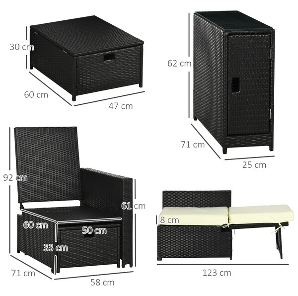 Outsunny 5PC PE Rattan Sun Lounger, Outdoor Wicker 5-level Adjustable Recliner Sofa Bed with Storage Side Table, Footstools, for Patio, Garden, Black