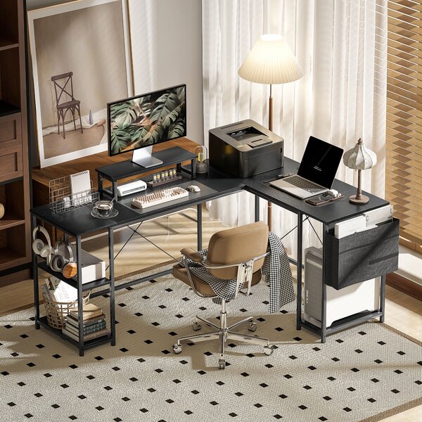 HOMCOM 168cm Reversible L Shaped Desk, Industrial Corner Computer Desk with Adjustable Shelf, Storage Bag, Monitor Stand, Black