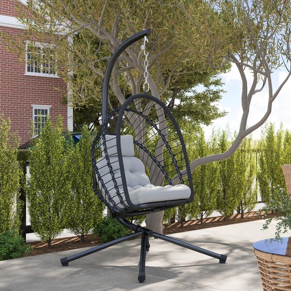 Outsunny Outdoor PE Rattan Swing Chair with Cushion, Garden Hanging Egg Chair with Metal Stand, Headrest, for Indoor and Outdoor, Black