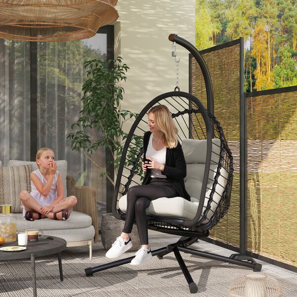 Outsunny Outdoor PE Rattan Swing Chair with Cushion, Garden Hanging Egg Chair with Metal Stand, Headrest, for Indoor and Outdoor, Black