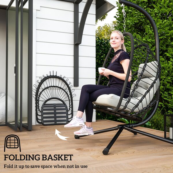 Outsunny Outdoor PE Rattan Swing Chair with Cushion, Garden Hanging Egg Chair with Metal Stand, Headrest, for Indoor and Outdoor, Black
