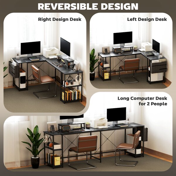 HOMCOM 168cm Reversible L Shaped Desk, Industrial Corner Computer Desk with Adjustable Shelf, Storage Bag, Monitor Stand, Black