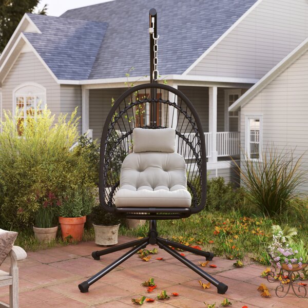 Outsunny Outdoor PE Rattan Swing Chair with Cushion, Garden Hanging Egg Chair with Metal Stand, Headrest, for Indoor and Outdoor, Black
