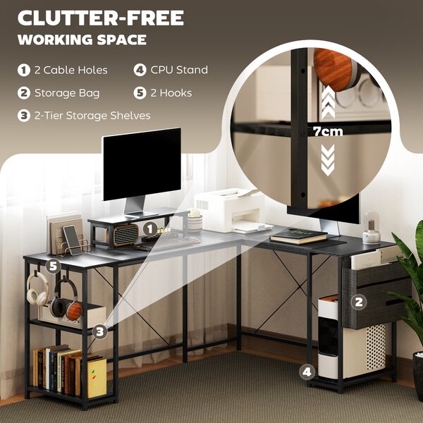 HOMCOM 168cm Reversible L Shaped Desk, Industrial Corner Computer Desk with Adjustable Shelf, Storage Bag, Monitor Stand, Black