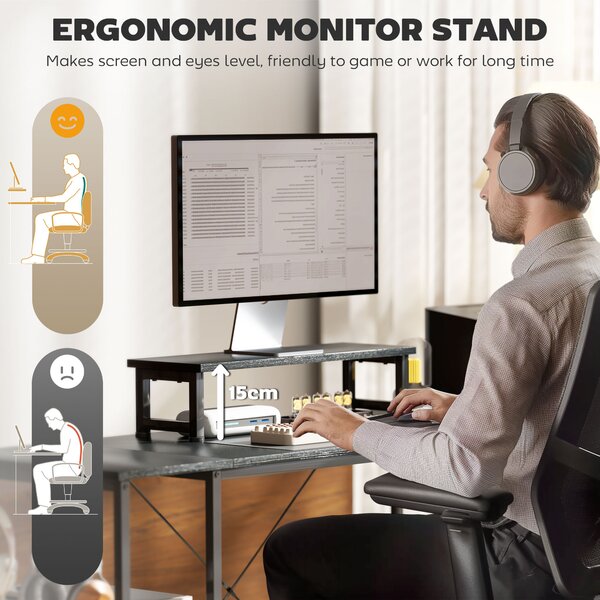 HOMCOM 168cm Reversible L Shaped Desk, Industrial Corner Computer Desk with Adjustable Shelf, Storage Bag, Monitor Stand, Black