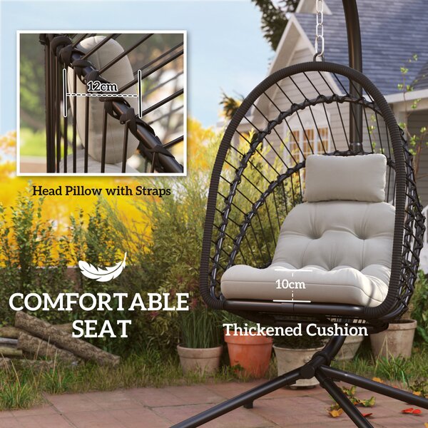 Outsunny Outdoor PE Rattan Swing Chair with Cushion, Garden Hanging Egg Chair with Metal Stand, Headrest, for Indoor and Outdoor, Black