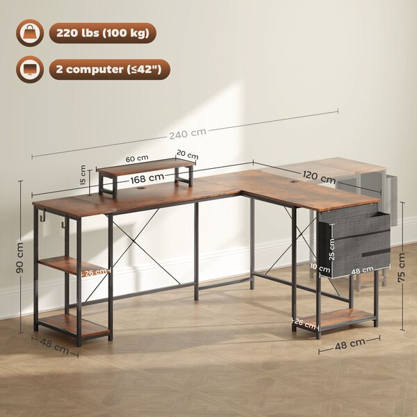 HOMCOM 168cm Reversible L Shaped Desk, Industrial Corner Computer Desk with Adjustable Shelf, Storage Bag, Monitor Stand, Rustic Brown