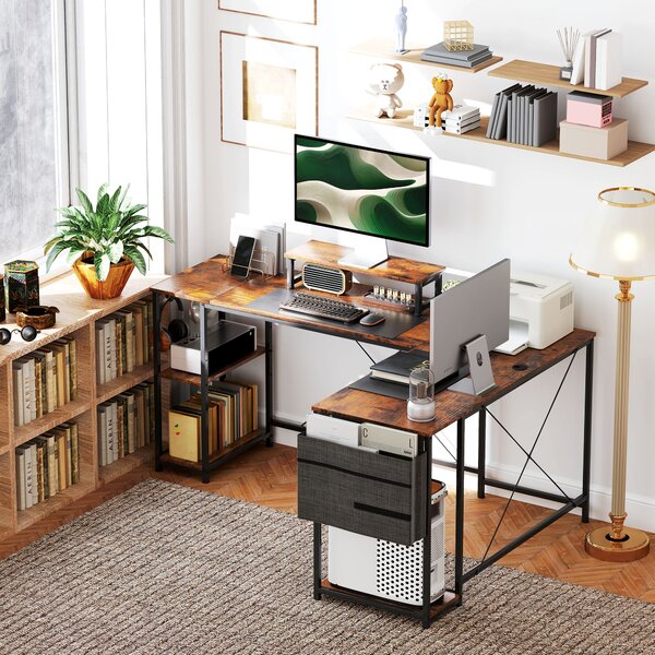 HOMCOM 168cm Reversible L Shaped Desk, Industrial Corner Computer Desk with Adjustable Shelf, Storage Bag, Monitor Stand, Rustic Brown