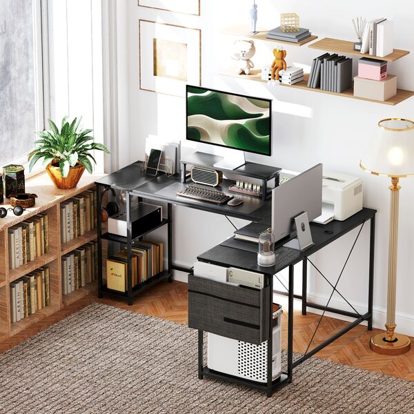 HOMCOM 168cm Reversible L Shaped Desk, Industrial Corner Computer Desk with Adjustable Shelf, Storage Bag, Monitor Stand, Black