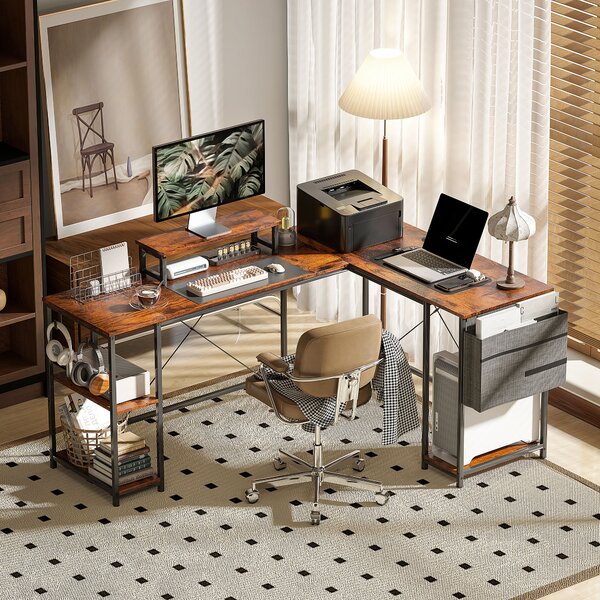 HOMCOM 168cm Reversible L Shaped Desk, Industrial Corner Computer Desk with Adjustable Shelf, Storage Bag, Monitor Stand, Rustic Brown