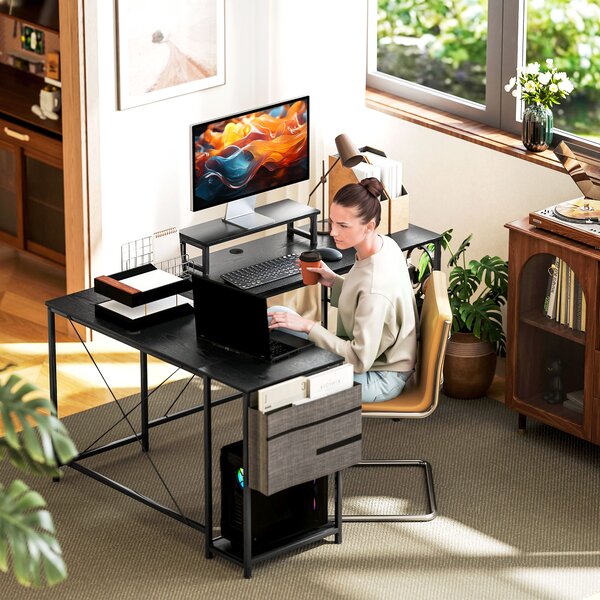 HOMCOM 168cm Reversible L Shaped Desk, Industrial Corner Computer Desk with Adjustable Shelf, Storage Bag, Monitor Stand, Black