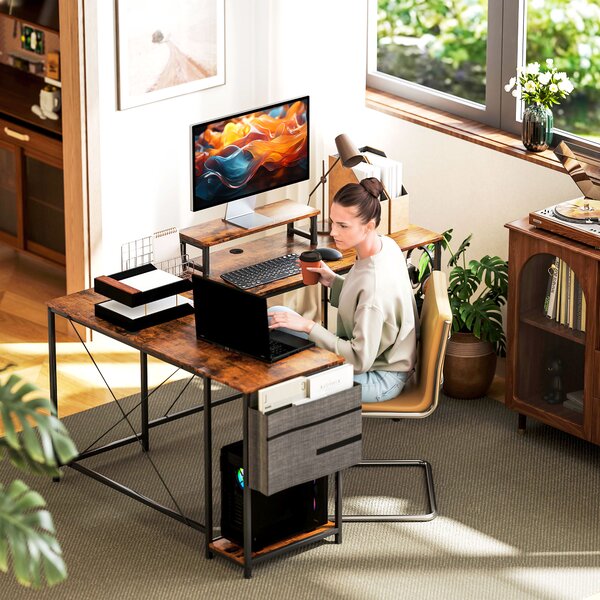 HOMCOM 168cm Reversible L Shaped Desk, Industrial Corner Computer Desk with Adjustable Shelf, Storage Bag, Monitor Stand, Rustic Brown
