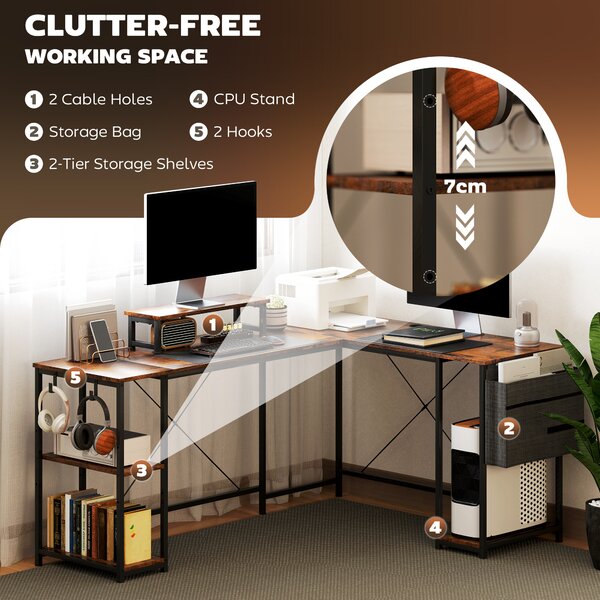 HOMCOM 168cm Reversible L Shaped Desk, Industrial Corner Computer Desk with Adjustable Shelf, Storage Bag, Monitor Stand, Rustic Brown
