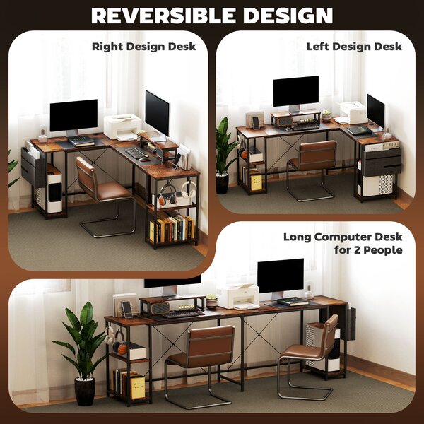 HOMCOM 168cm Reversible L Shaped Desk, Industrial Corner Computer Desk with Adjustable Shelf, Storage Bag, Monitor Stand, Rustic Brown