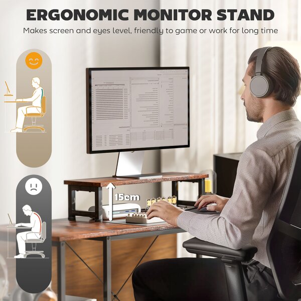 HOMCOM 168cm Reversible L Shaped Desk, Industrial Corner Computer Desk with Adjustable Shelf, Storage Bag, Monitor Stand, Rustic Brown