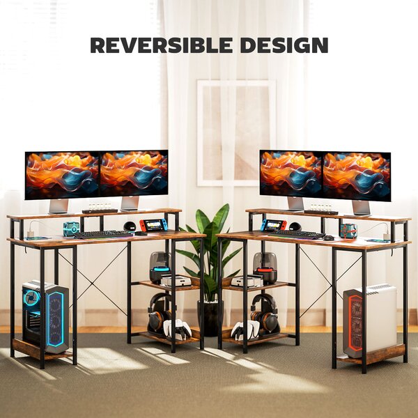 HOMCOM Computer Desk with Power Outlets and LED Lights, 120 x 50cm Reversible Home Office Desk with Monitor Stand and 2-Tier Shelves, Rustic Brown