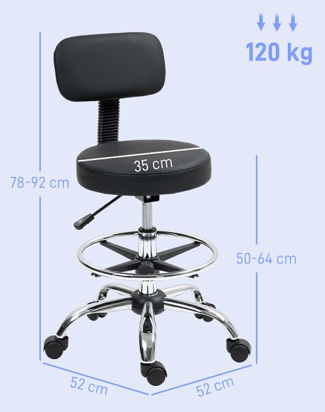 HOMCOM Draughtsman Chair, Faux Leather Height Adjustable Stool with Footrest, 360° Swivel Chair for Study and Bedroom, Black