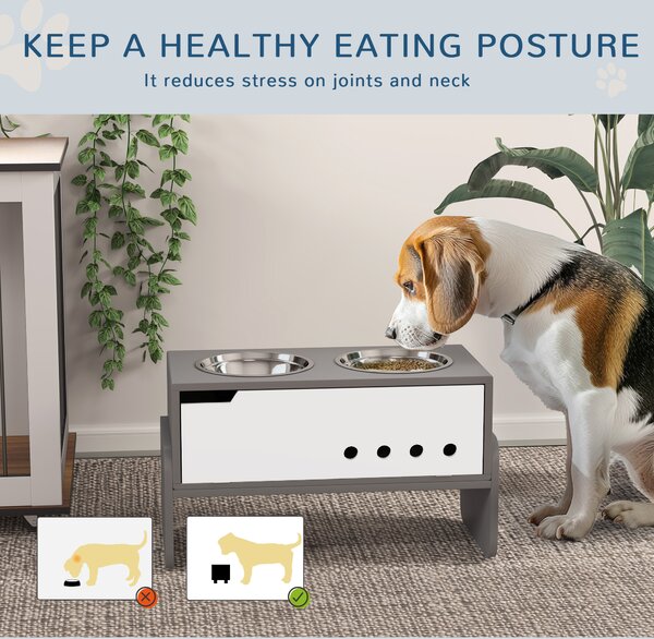 PawHut 3 Height Adjustable Raised Dog Bowls, Dog Feeding Storage Station w/ Slow Feeder Mat, 2 Stainless Steel Bowls