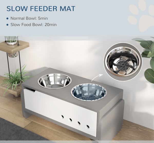PawHut 3 Height Adjustable Raised Dog Bowls, Dog Feeding Storage Station w/ Slow Feeder Mat, 2 Stainless Steel Bowls
