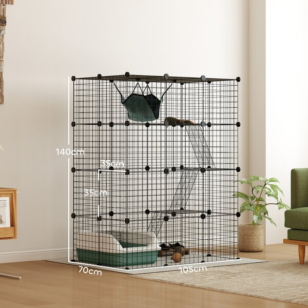 PawHut 4-Tier DIY Large Cat Cage with Hammock, Ramps, 5 Doors, Indoor Use for 1-3 Cats, Black