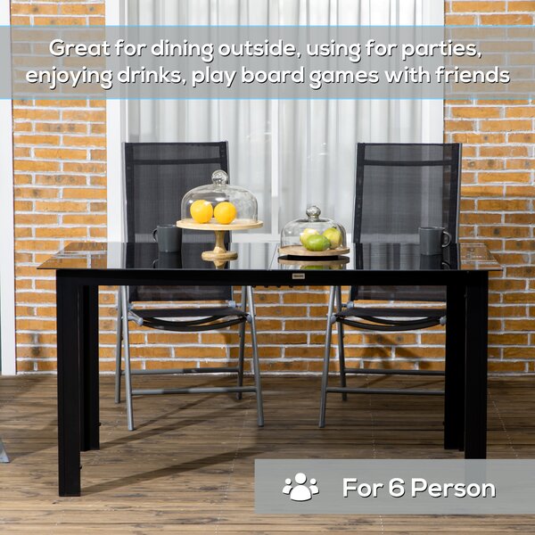Outsunny Outdoor Dining Table for 6, Aluminium Rectangular Garden Table with Tempered Glass Tabletop for Yard, Deck, Patio, Black Aosom UK