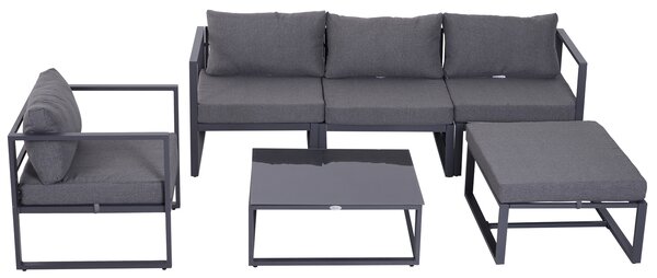 Outsunny 6 PCs Outdoor Indoor Sectional Sofa Set Thick Padded Cushions Aluminium Frame 5 Seaters 1 Coffee Table Footrest Grey