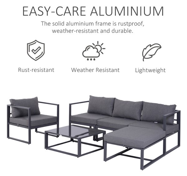 Outsunny 6 PCs Outdoor Indoor Sectional Sofa Set Thick Padded Cushions Aluminium Frame 5 Seaters 1 Coffee Table Footrest Grey