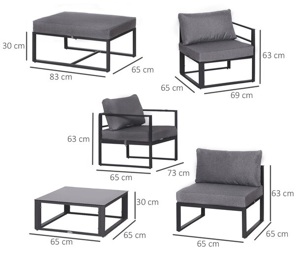 Outsunny 6 PCs Outdoor Indoor Sectional Sofa Set Thick Padded Cushions Aluminium Frame 5 Seaters 1 Coffee Table Footrest Grey