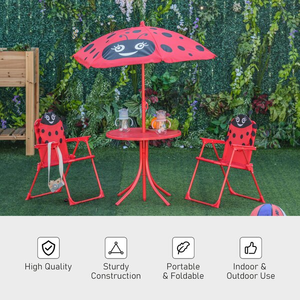 Outsunny Kids Folding Picnic Table and Chairs Set Ladybug Pattern Outdoor w/ Parasol Aosom UK